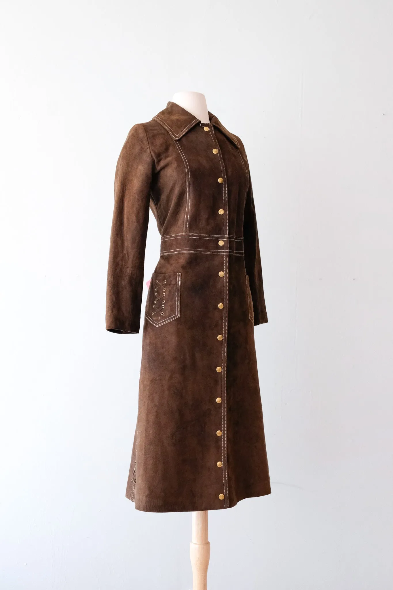 1970's Chocolate Suede Leather Longline Coat / Sz M