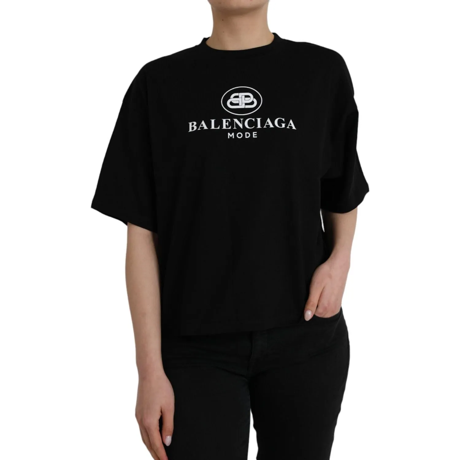 Balenciaga Black Cotton Logo Crew Neck Short Sleeves T-shirt