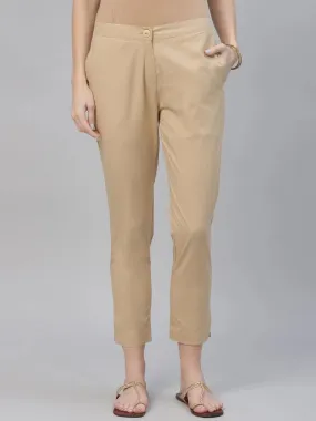 Beige Solid Cotton Trousers