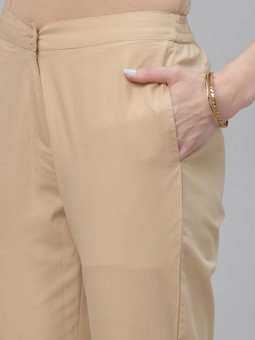 Beige Solid Cotton Trousers