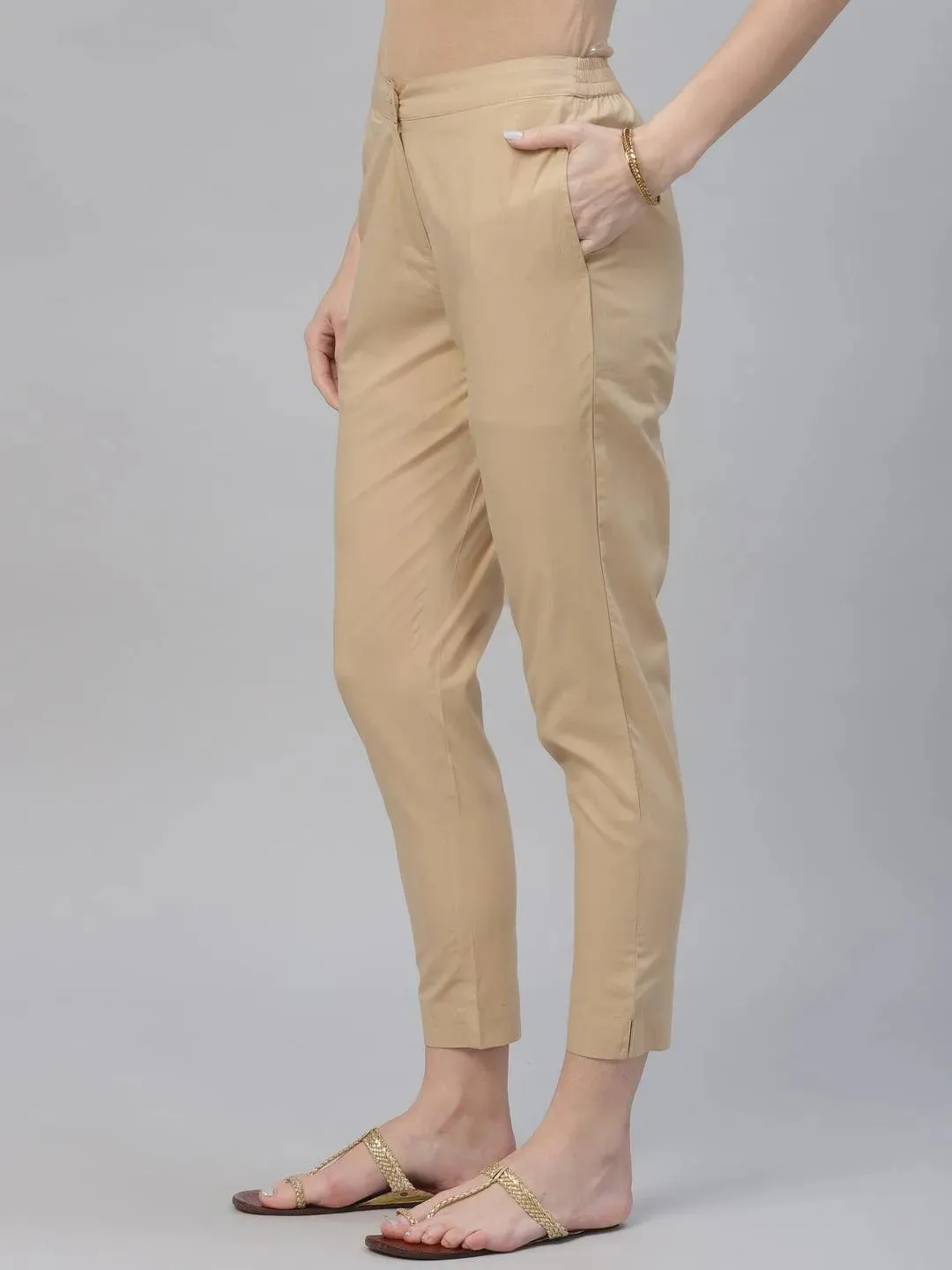 Beige Solid Cotton Trousers