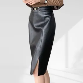 Belted Genuine Leather Skirt