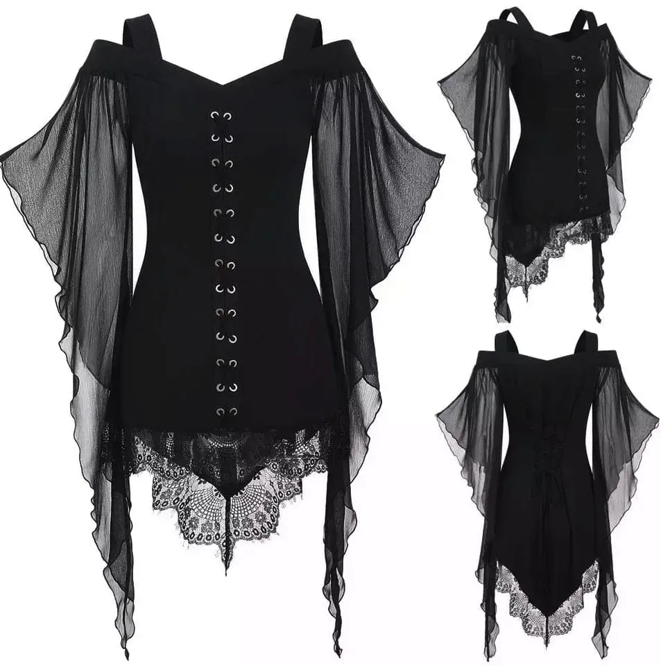 Black Gothic Butterfly Sleeve Lace Shirt