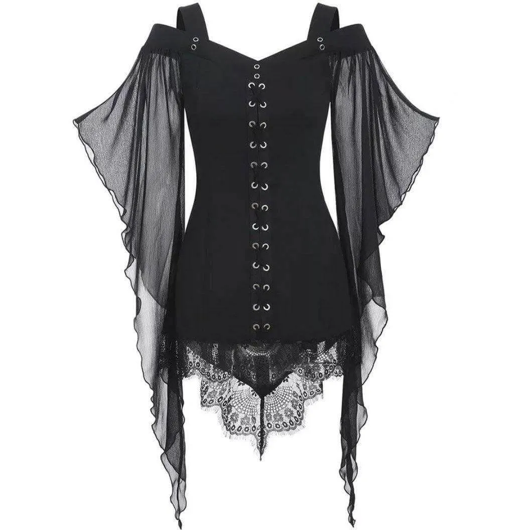 Black Gothic Butterfly Sleeve Lace Shirt