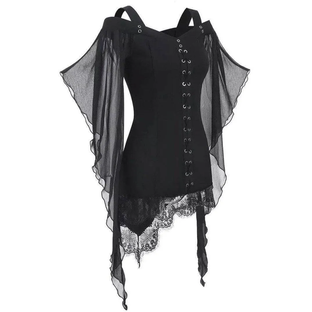 Black Gothic Butterfly Sleeve Lace Shirt