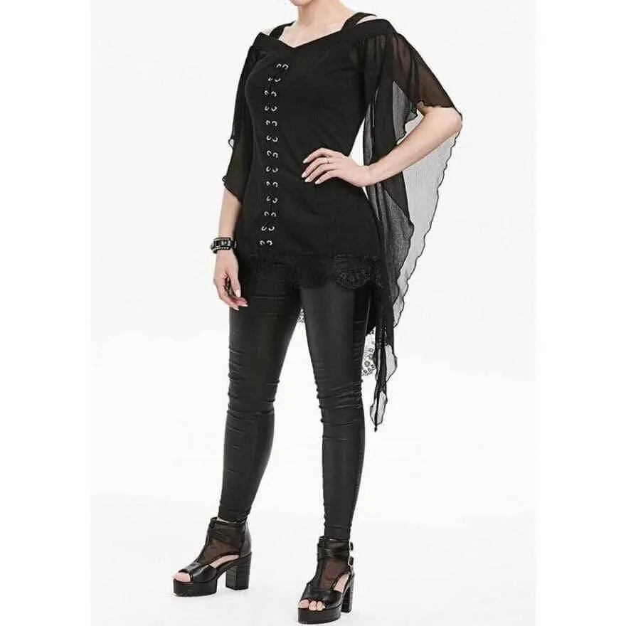 Black Gothic Butterfly Sleeve Lace Shirt