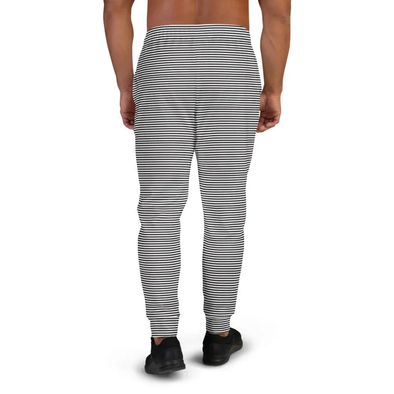 Black White Horizontal Stripes Sweatpants, Best Designer Men's Joggers-Made in EU/MX