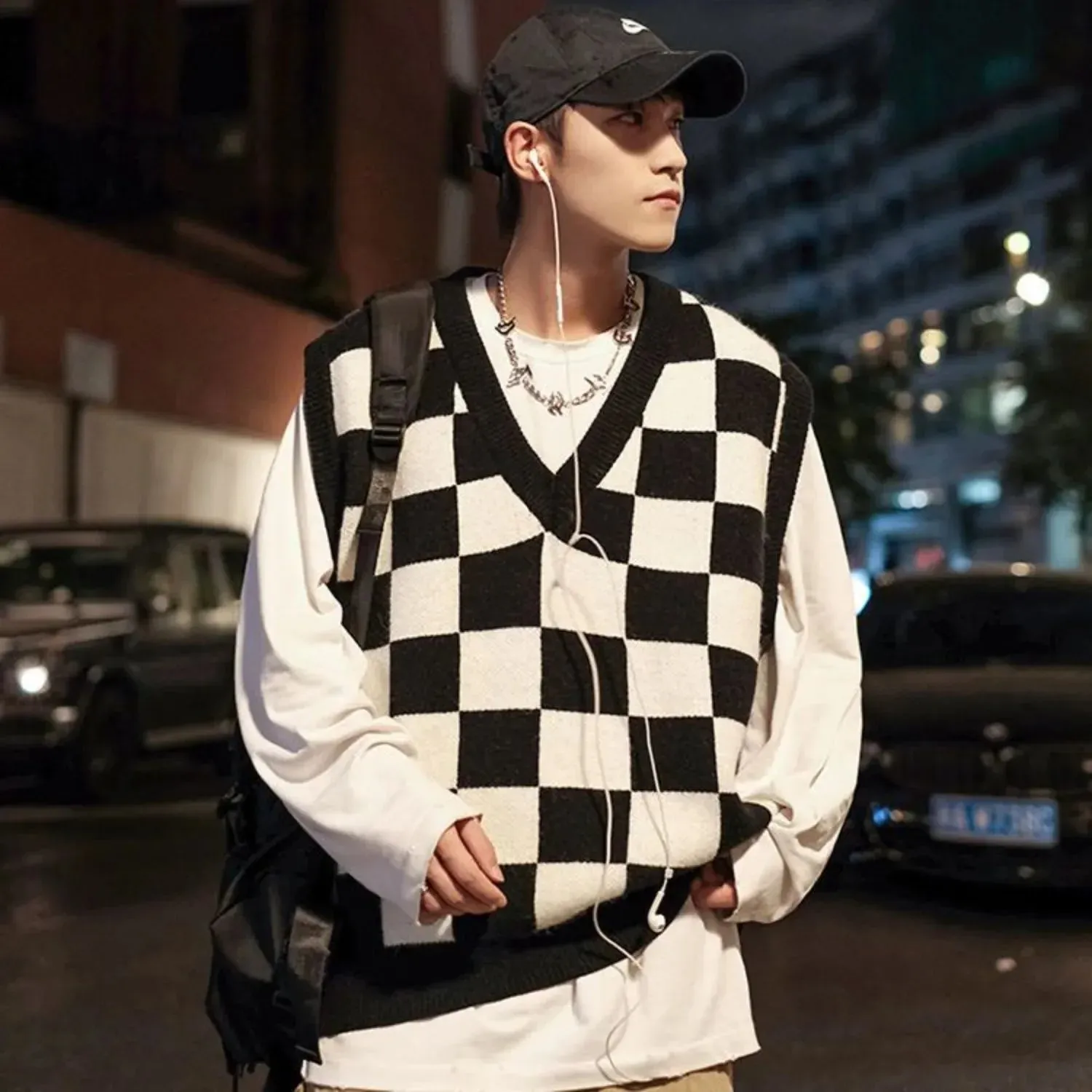 Bonsir Men's Knitted Vest Black V Neck Checkerboard Waistcoat Loose Sweaters Male Clothing Deals 2024 Sleeveless Cheap High Quality Y2k