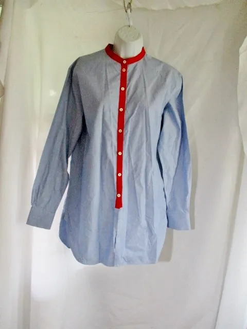 CELINE Band Collar Button-Up Top Shirt Blouse 36 / 4  BLUE Plaid RED Asian