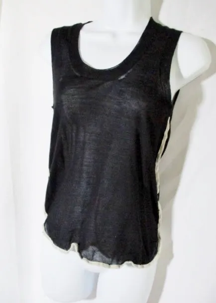 CELINE ITALY Cashmere Silk Blouse Tank Top Shirt XS BLACK BEIGE Stripe Sleeveless