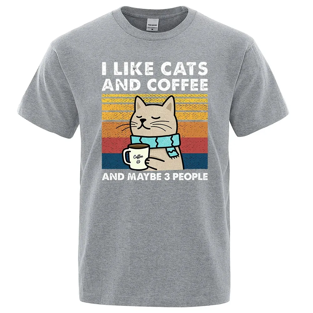 Christian T-Shirt, Animal T-Shirt I Like Cats And Coffee Street Funny T-Shirt For Men Fashion Casual Loose Cotton Clothing Crewneck Breathable Tshirt Hip Hop Tees, Cat T-Shirt, CAB05022324.