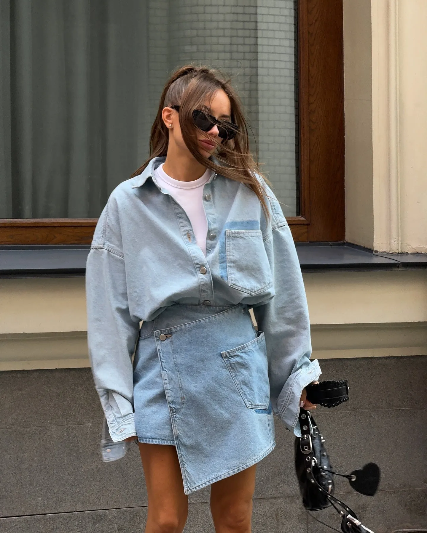 Color-Block Denim Oversized Shirt Skirt Two-Piece Suit