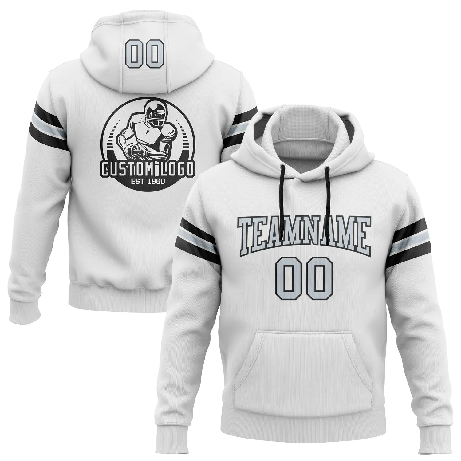 Custom Stitched White Silver-Black Football Pullover Sweatshirt Hoodie