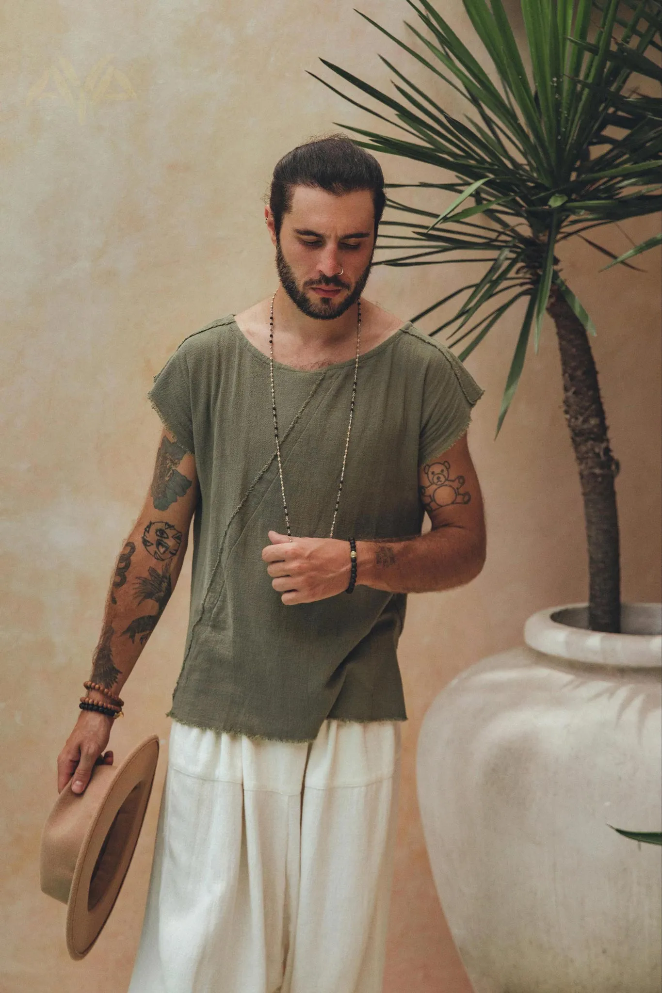 Dark Green Raw Edge Thick Cotton Top Tee for Men