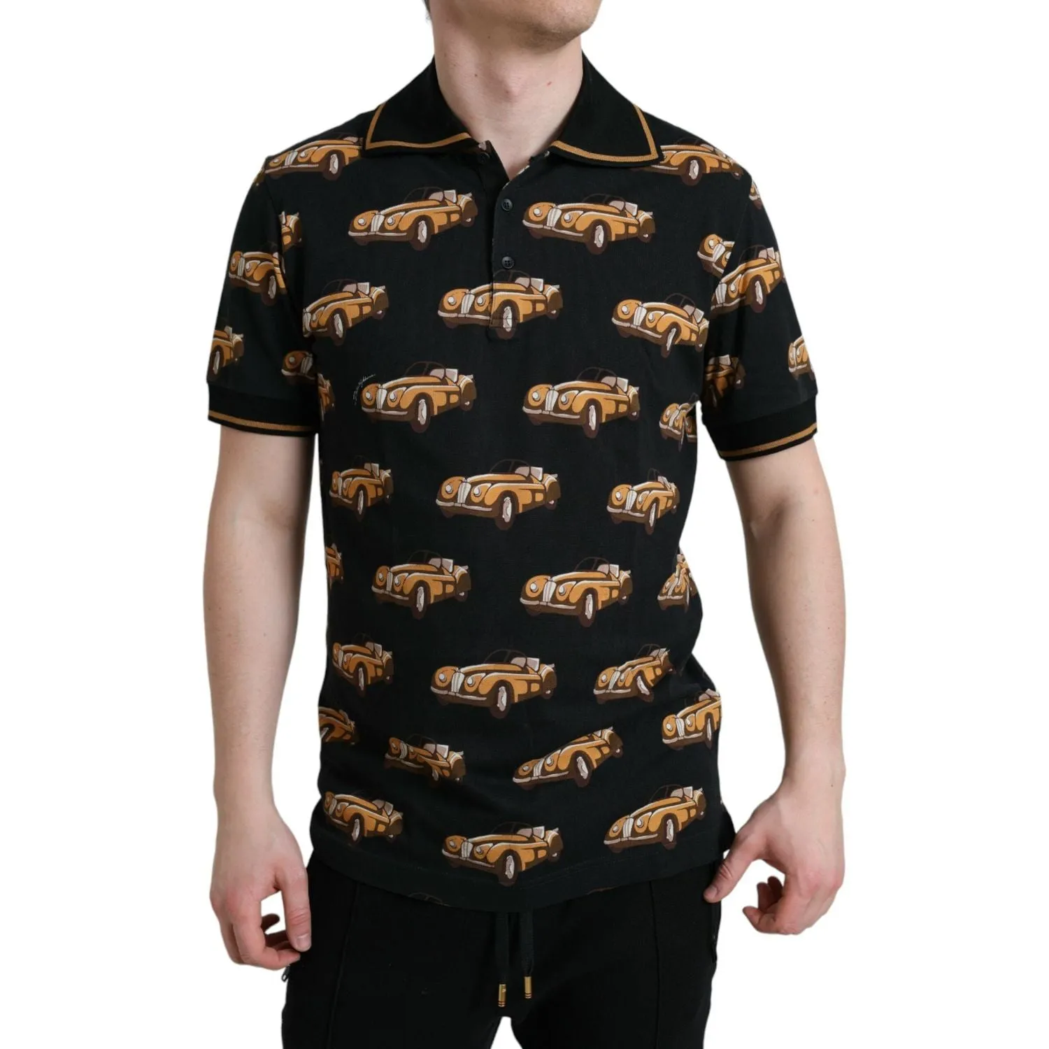 Dolce & Gabbana Black Car Print Short Sleeve Polo T-shirt