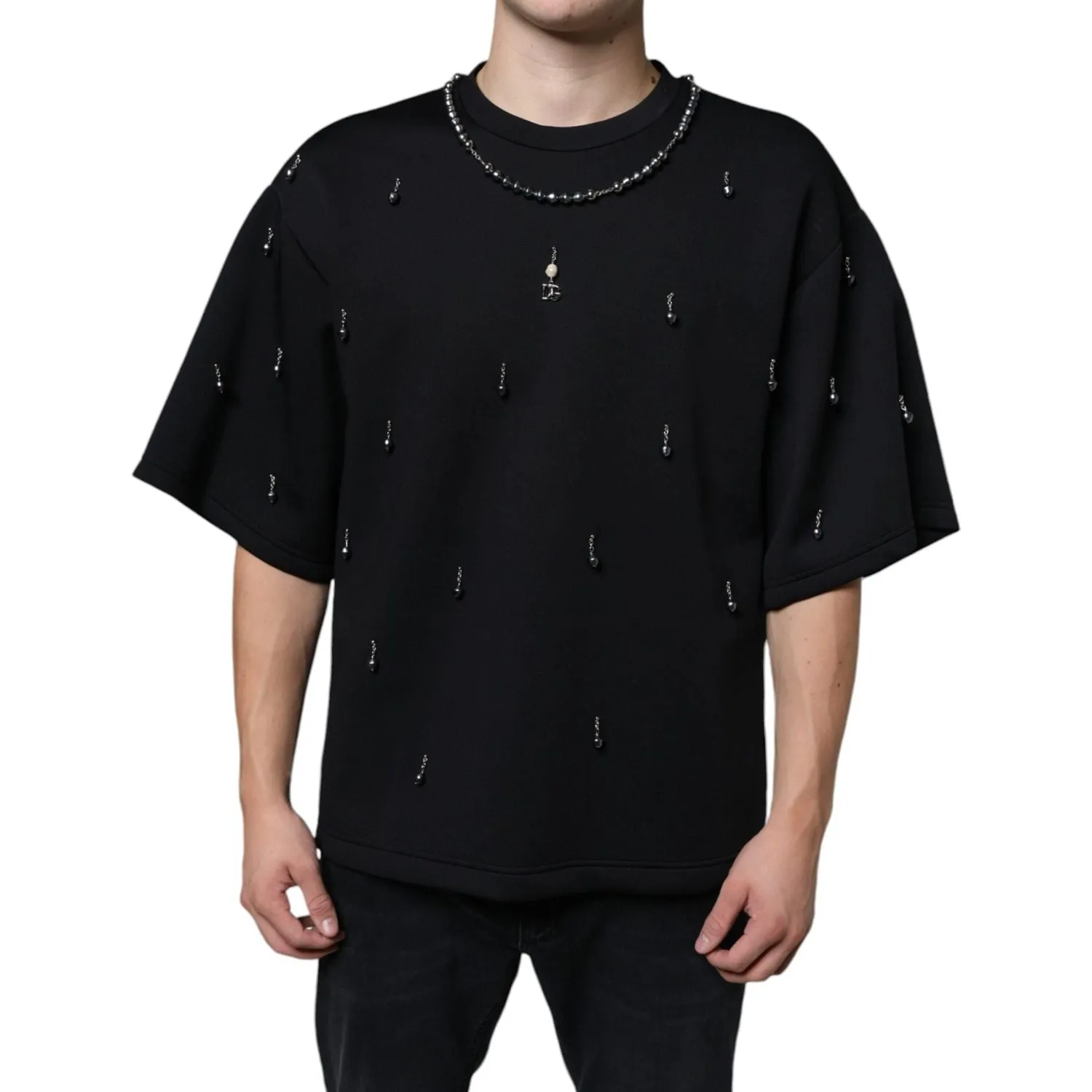 Dolce & Gabbana Black Polyester Necklace Embellished T-shirt