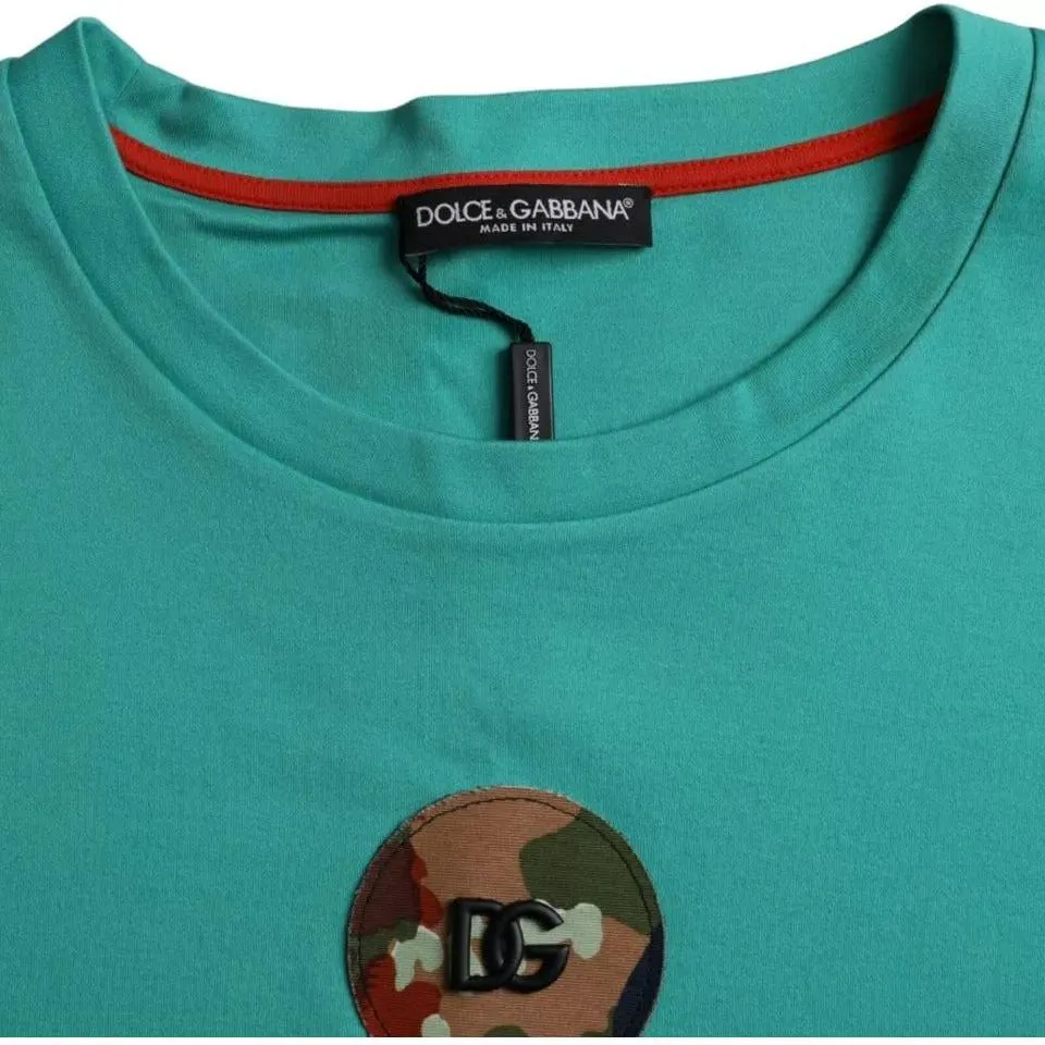 Dolce & Gabbana Green Logo Patch Round Neck Cotton  T-shirt