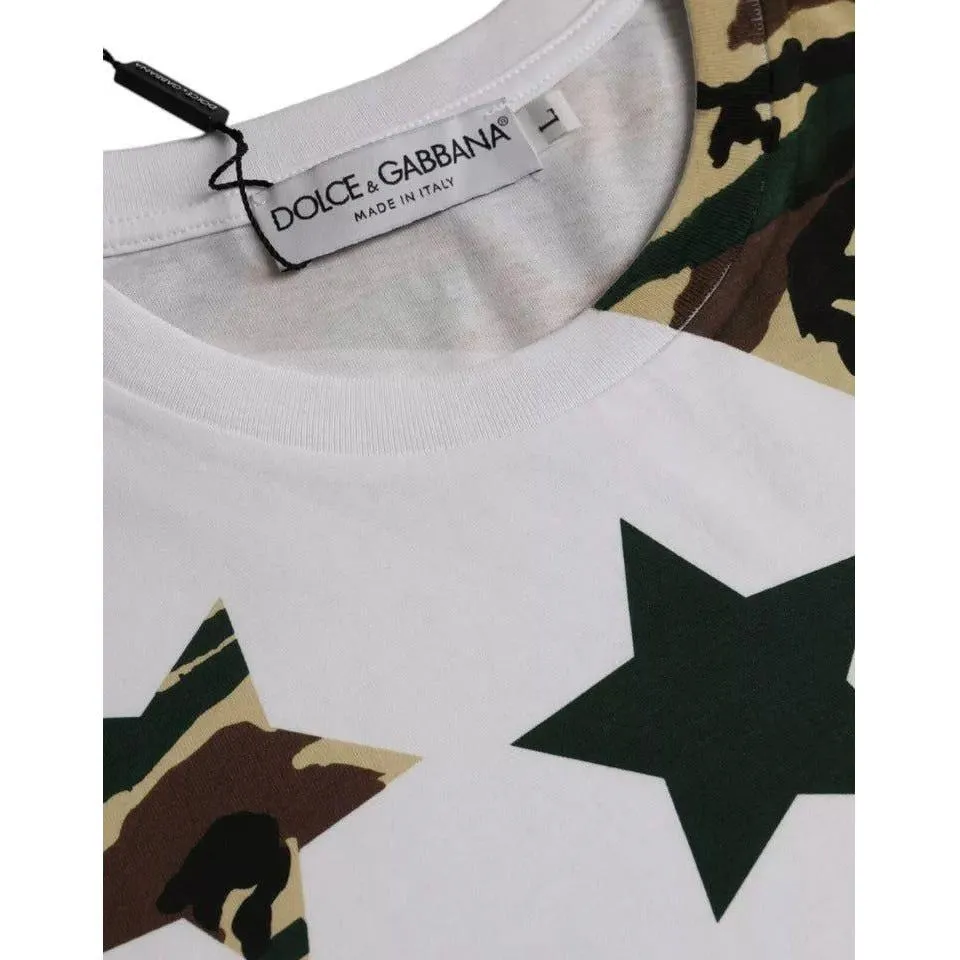 Dolce & Gabbana White Camouflage Stars Crew Neck Men T-shirt