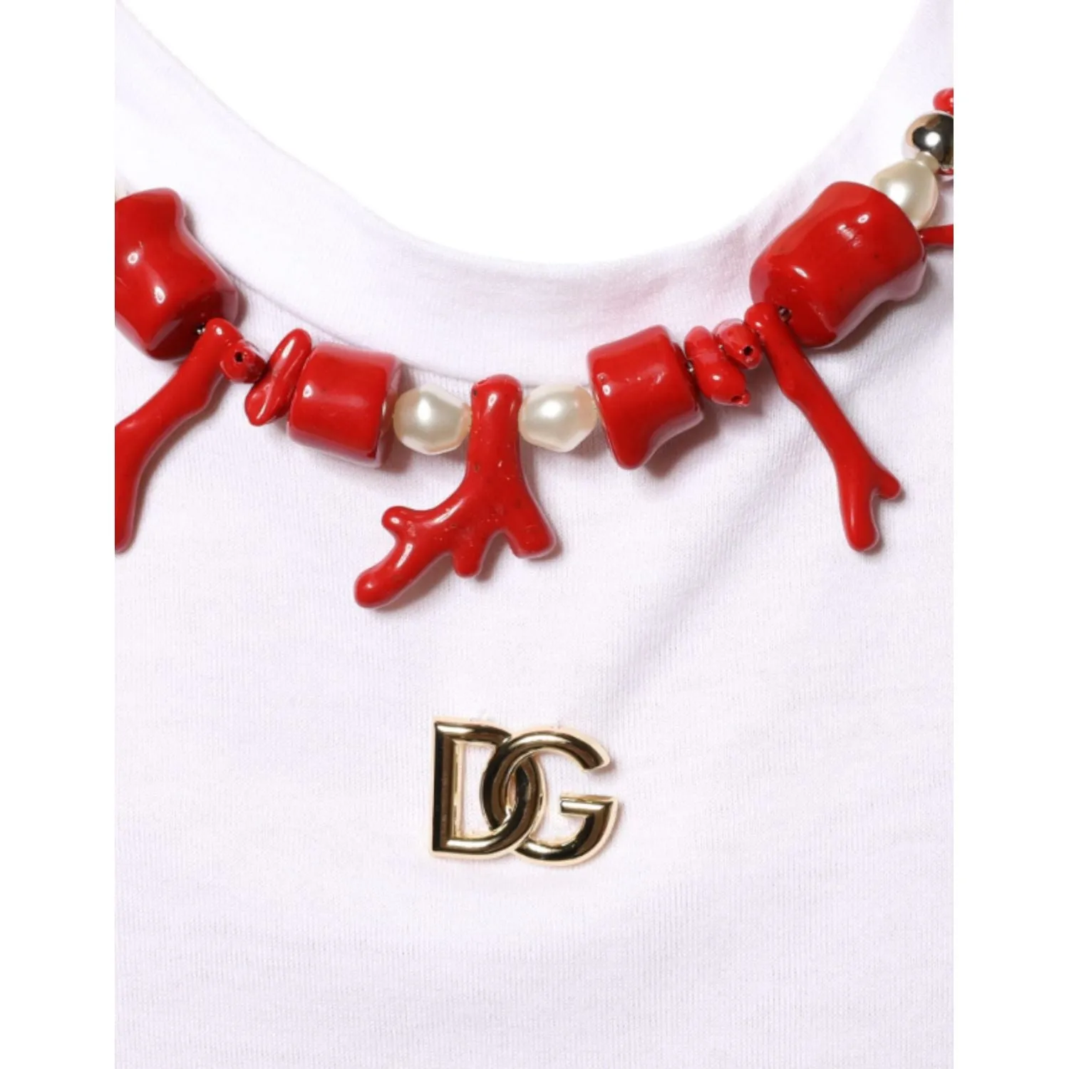 Dolce & Gabbana White Cotton Necklace Embellished T-shirt