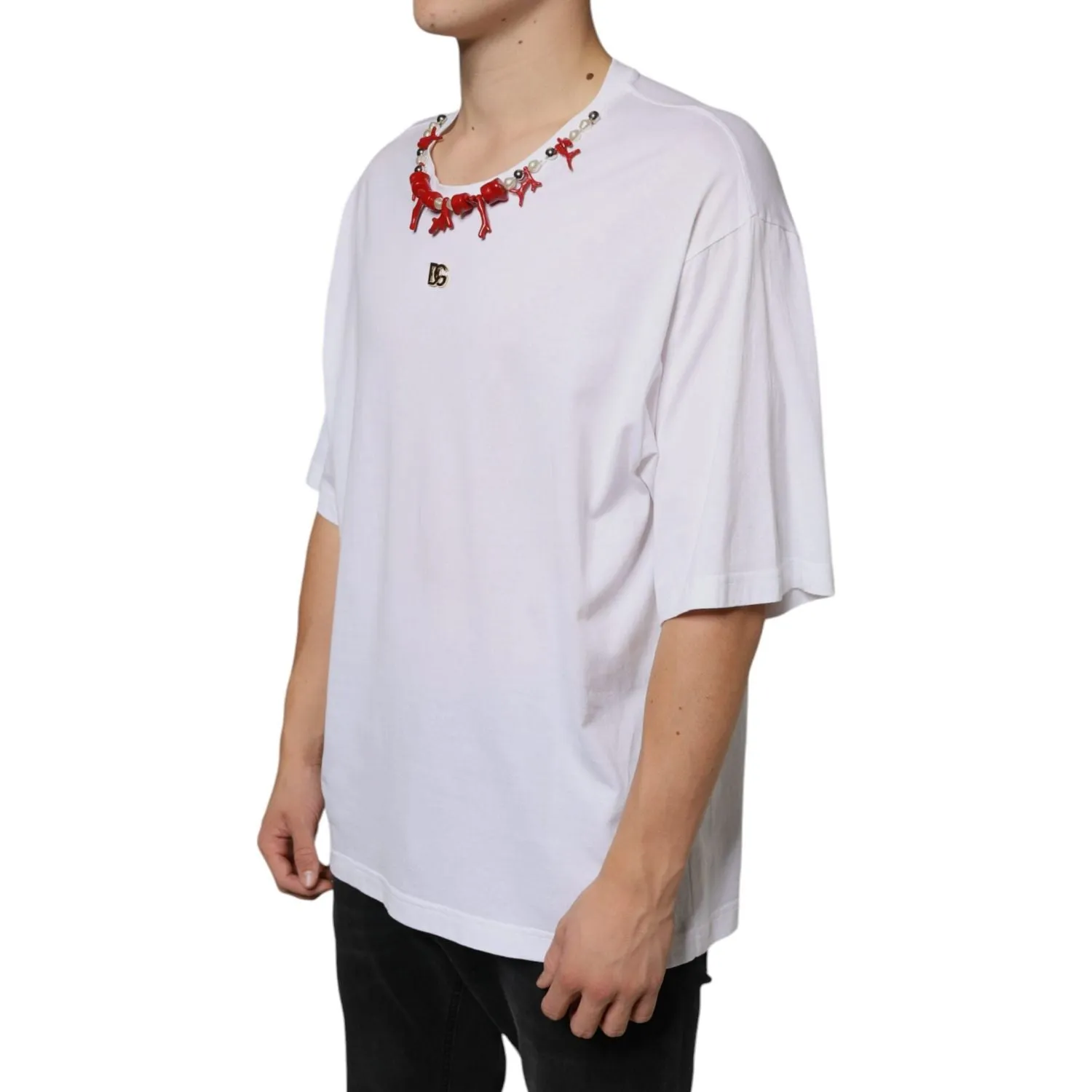 Dolce & Gabbana White Cotton Necklace Embellished T-shirt