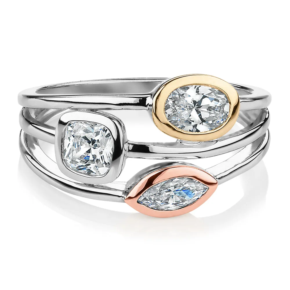 Dress ring with 1.04 carats* of diamond simulants in 10 carat yellow gold, rose gold and sterling silver