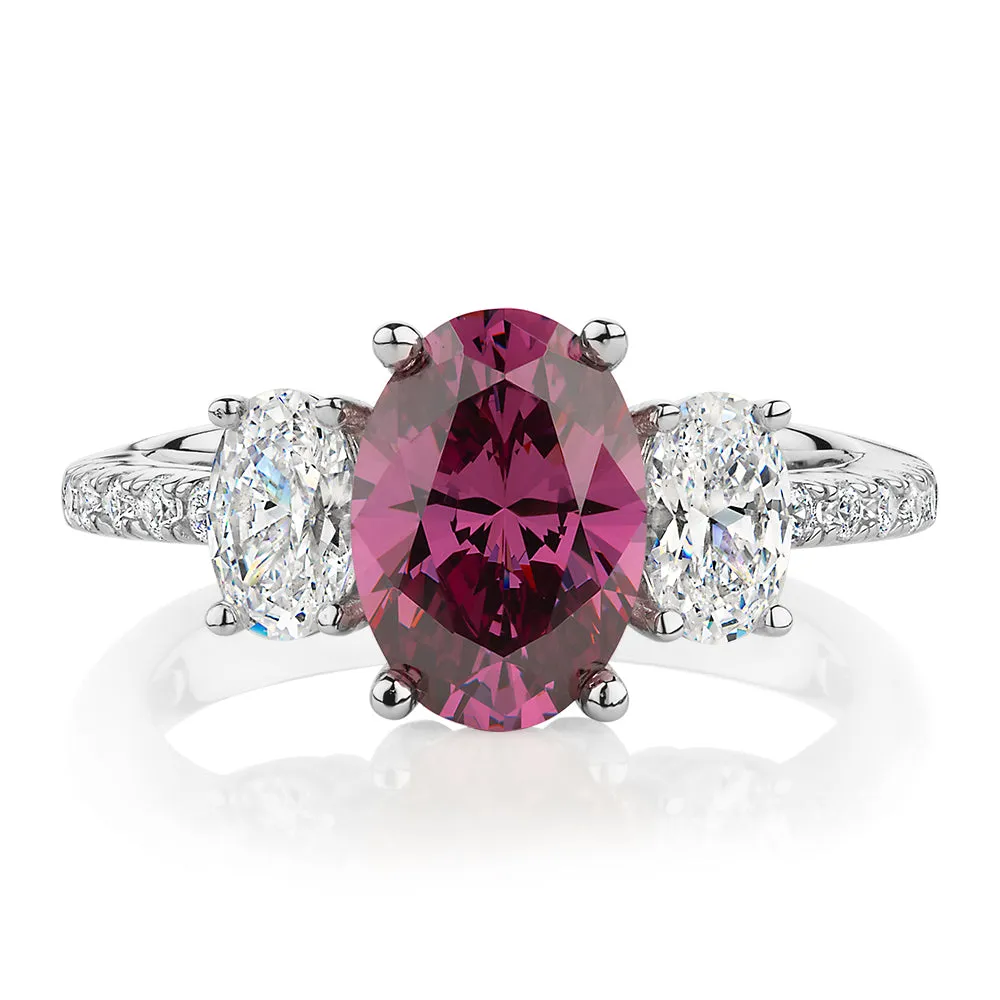 Dress ring with rhodolite simulant and 1.01 carats* of diamond simulants in sterling silver