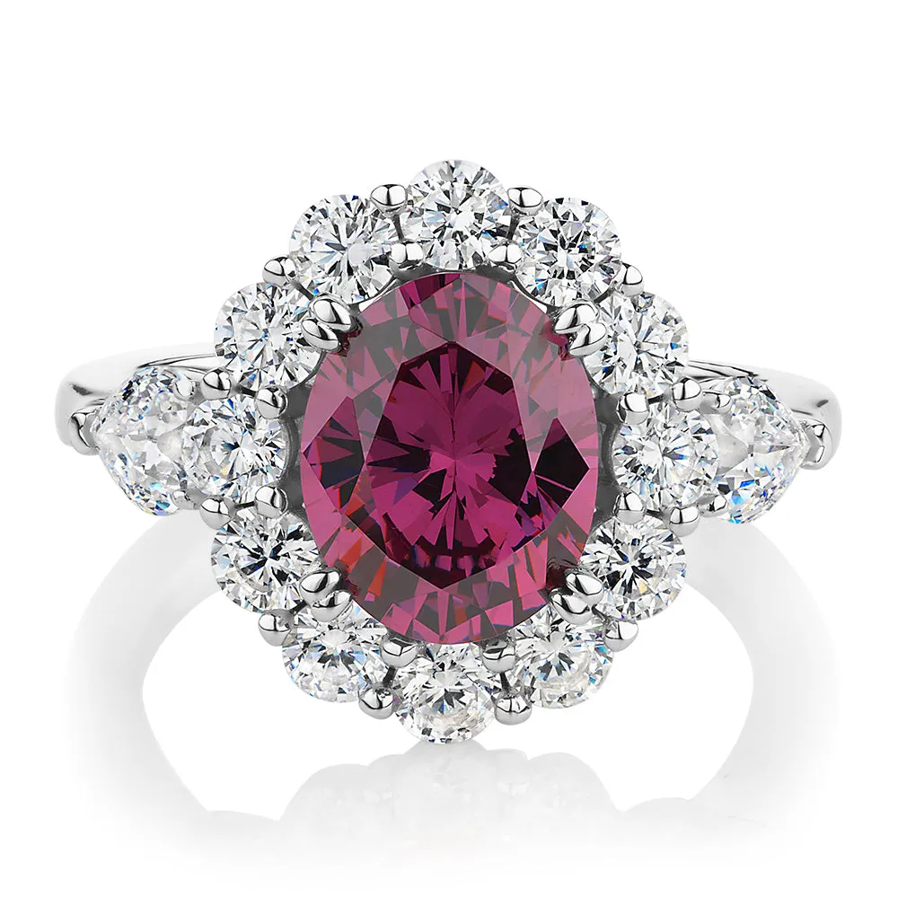 Dress ring with rhodolite simulant and 1.82 carats* of diamond simulants in sterling silver