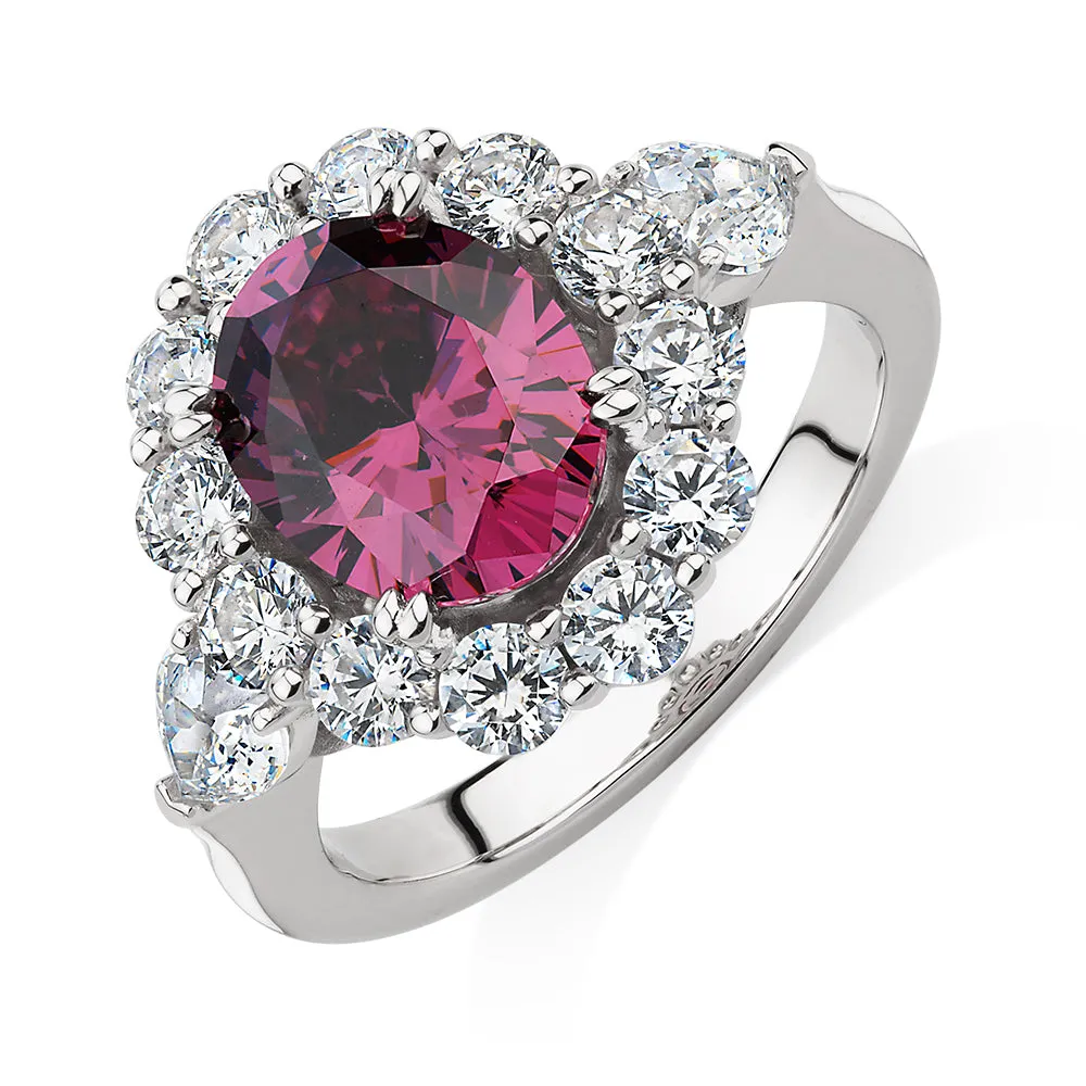 Dress ring with rhodolite simulant and 1.82 carats* of diamond simulants in sterling silver