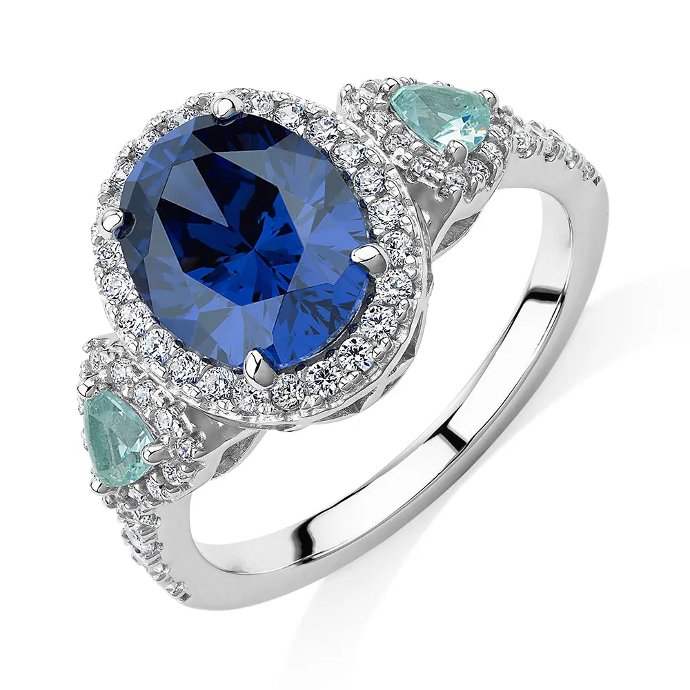 Dress ring with tanzanite and aquamarine simulants and 0.48 carats* of diamond simulants in sterling silver