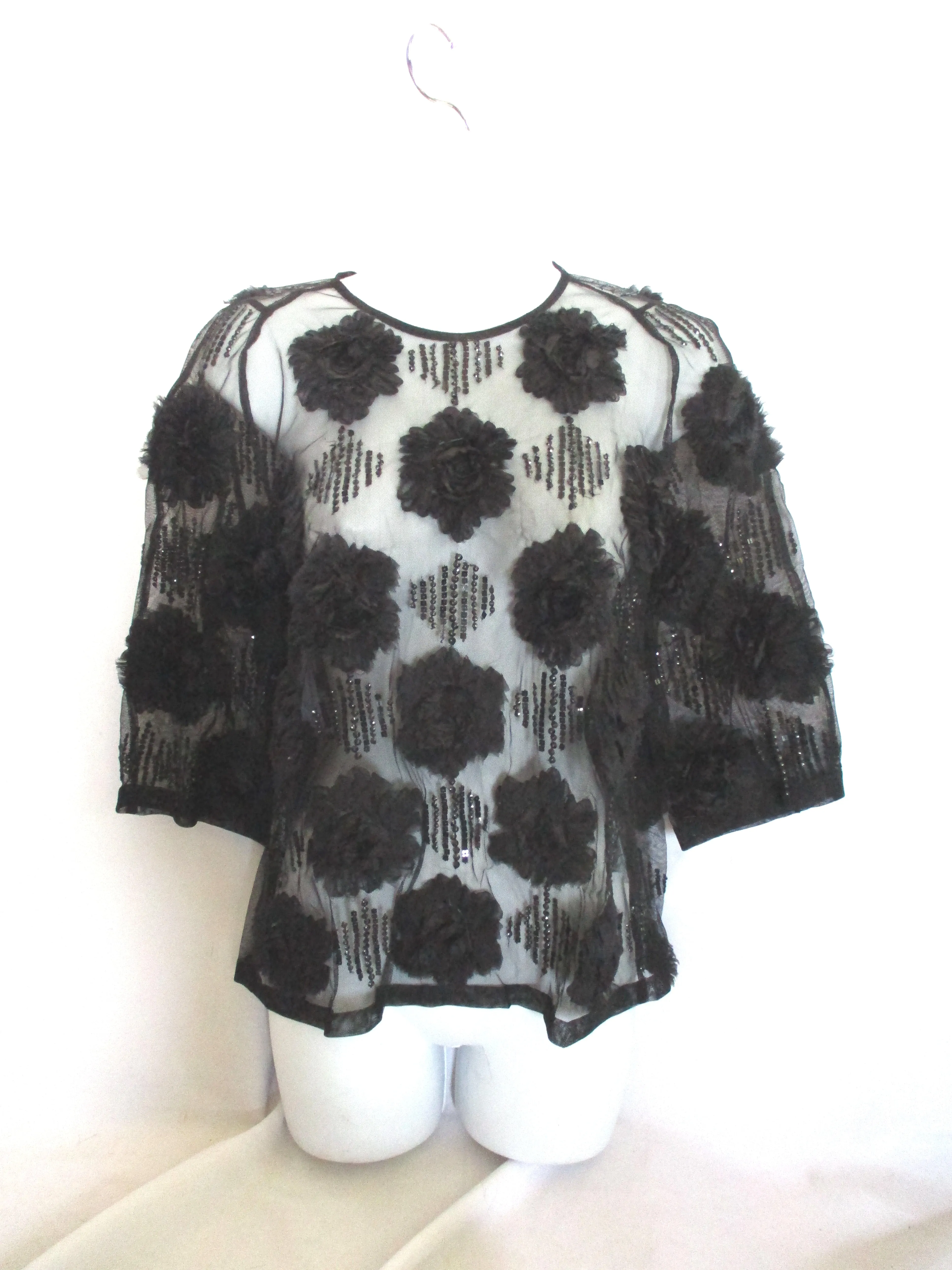 DRIES VAN NOTEN Silk ROSE Mesh Lace Floral Blouse Top Shirt 38 BLACK