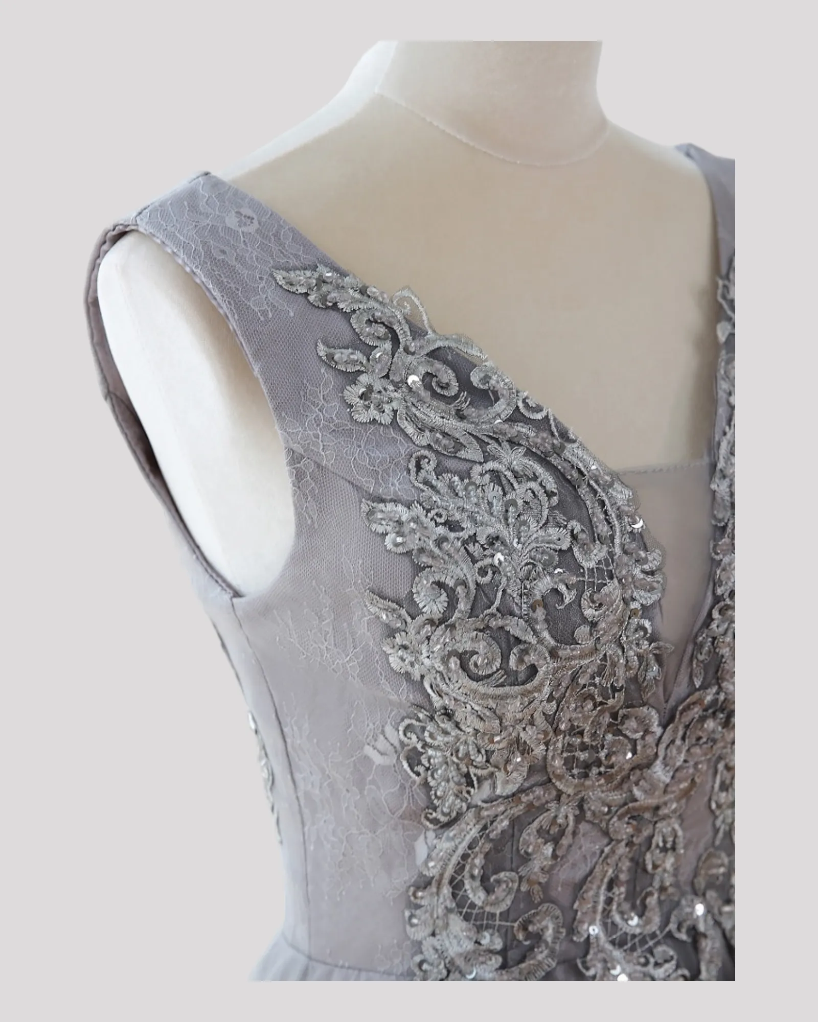 Elegant Silvery Grey Ball Dress with silver lace detailed bodice and Corset Lace up Back