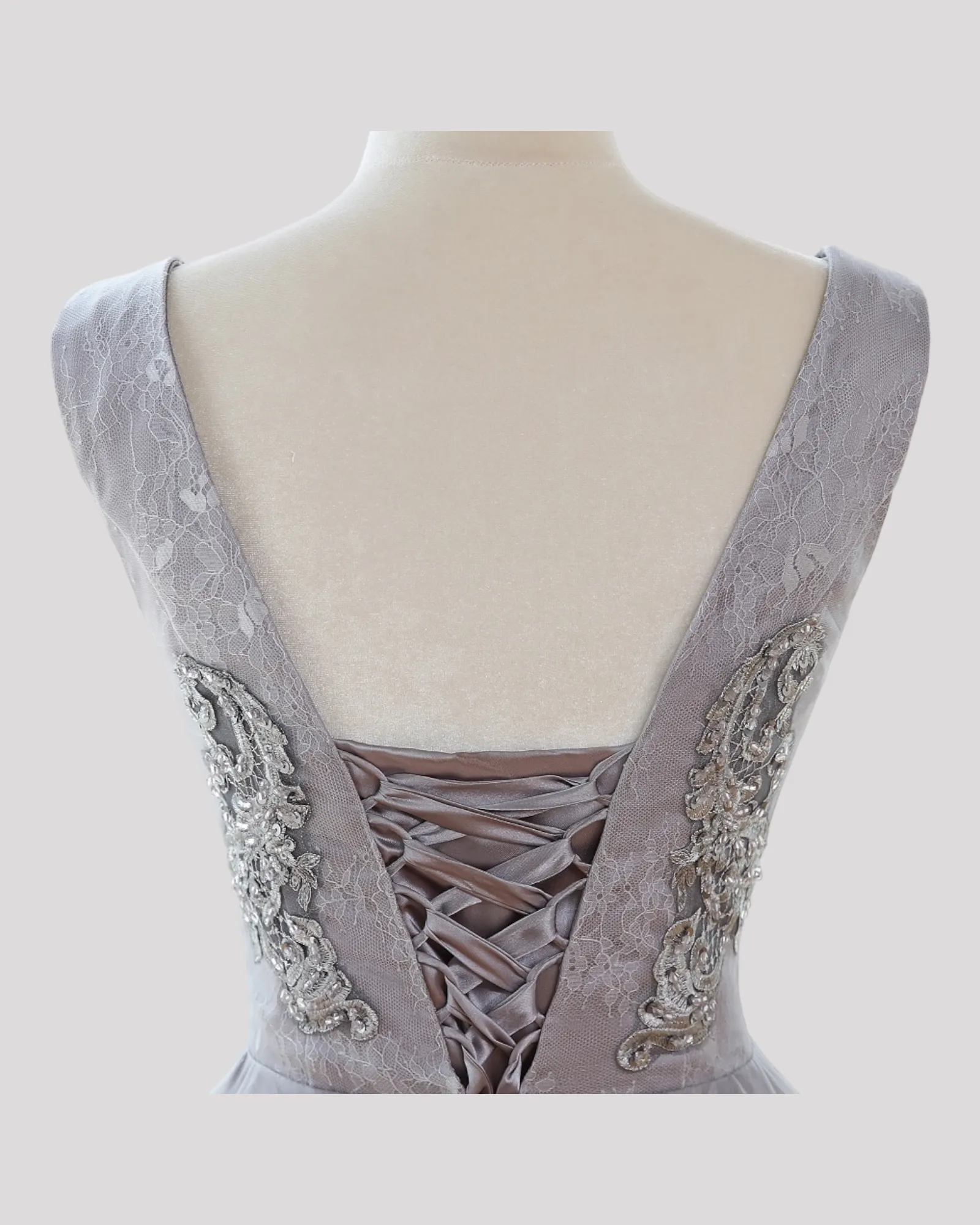 Elegant Silvery Grey Ball Dress with silver lace detailed bodice and Corset Lace up Back