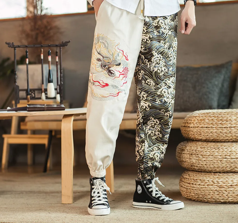 Embroidered silver dragon trousers