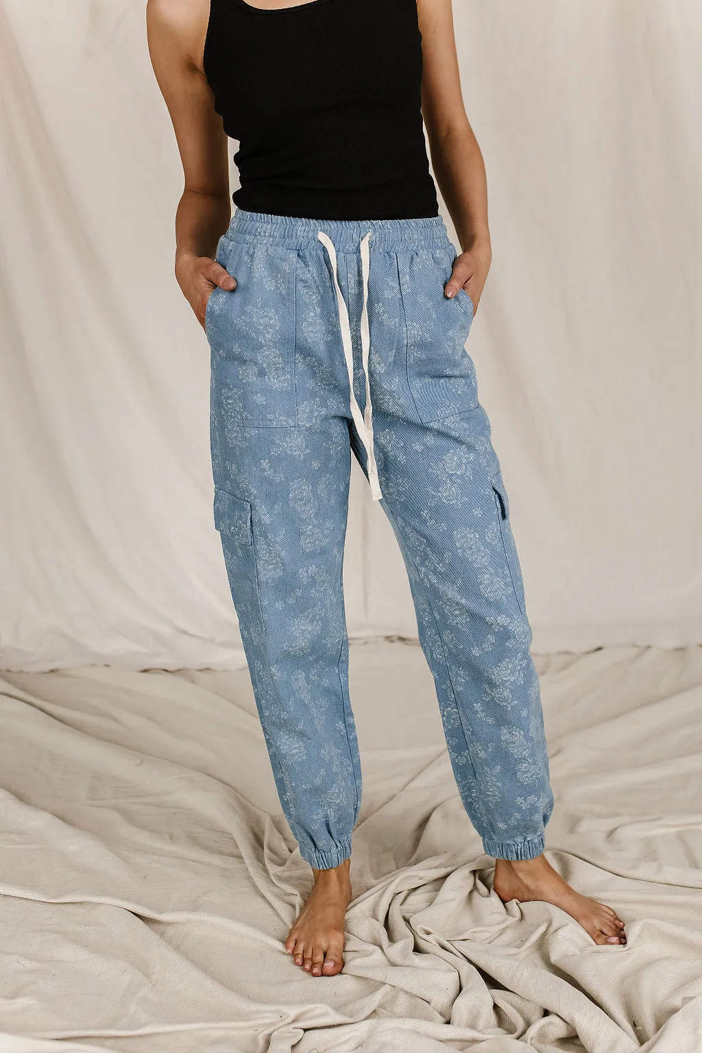 Floral Denim Cargo Pants