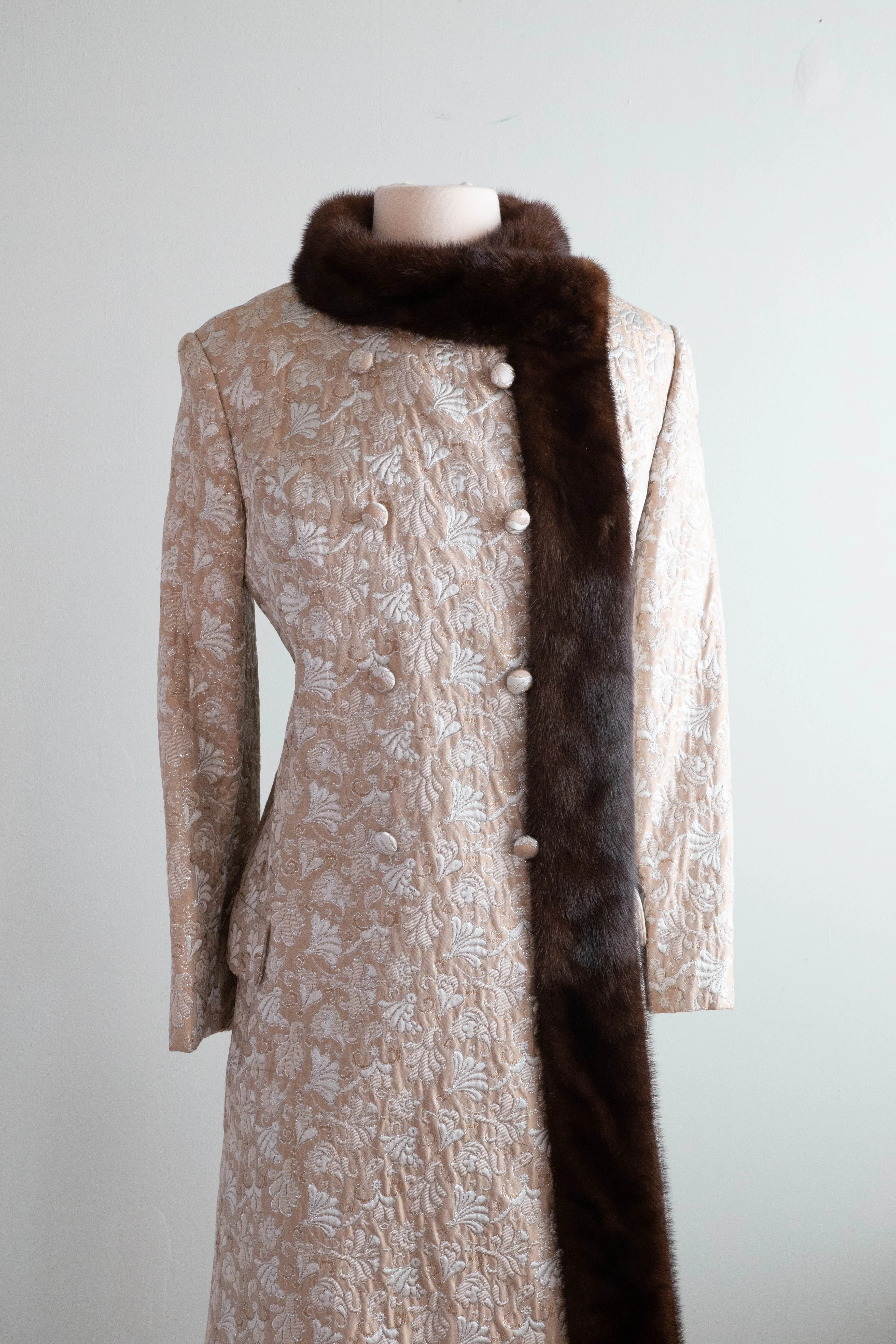 *Florence Sisman Collection* 1960's Silver Cocoa Brocade Evening Coat & Dress Set / ML