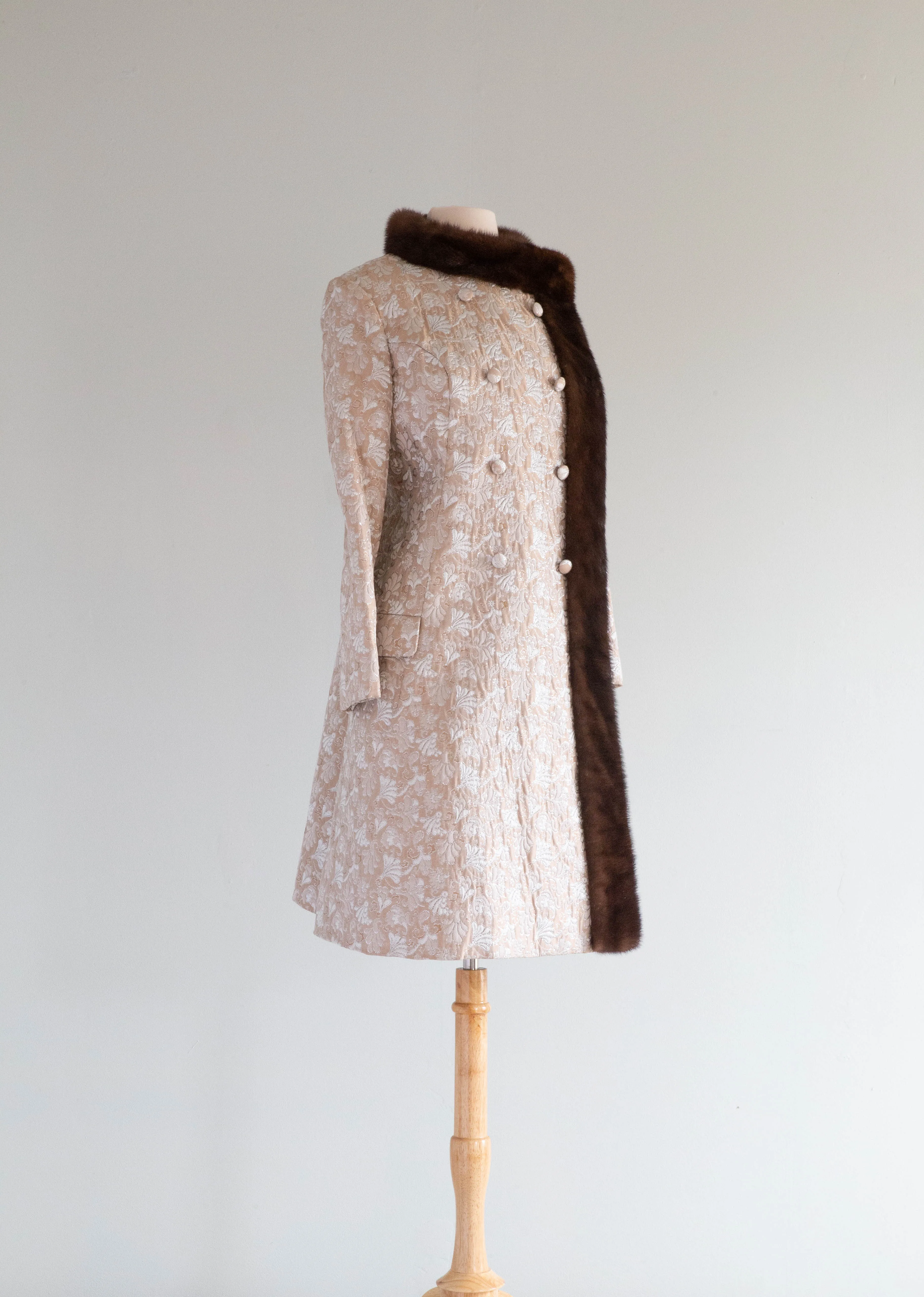 *Florence Sisman Collection* 1960's Silver Cocoa Brocade Evening Coat & Dress Set / ML