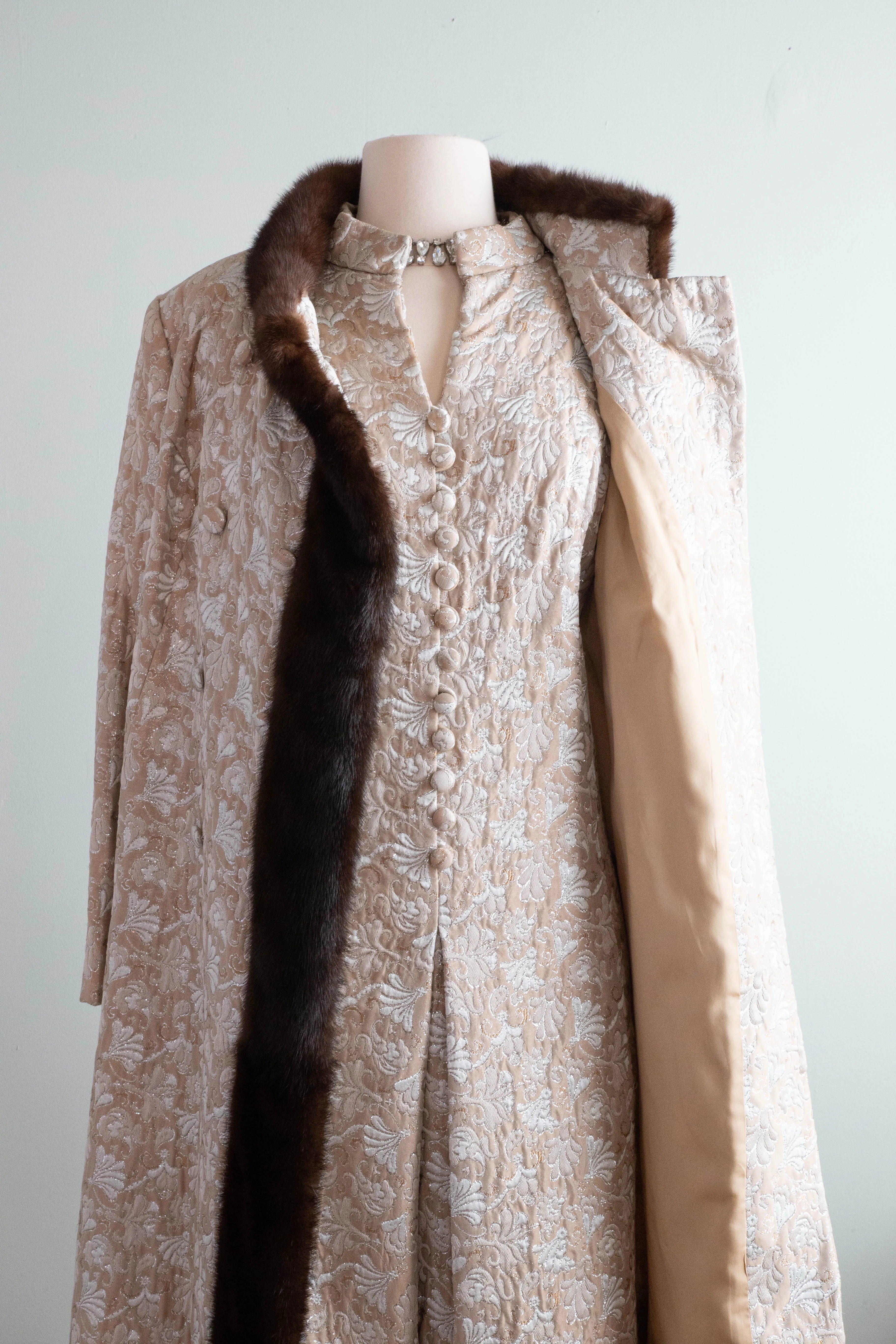 *Florence Sisman Collection* 1960's Silver Cocoa Brocade Evening Coat & Dress Set / ML