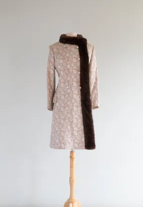 *Florence Sisman Collection* 1960's Silver Cocoa Brocade Evening Coat & Dress Set / ML