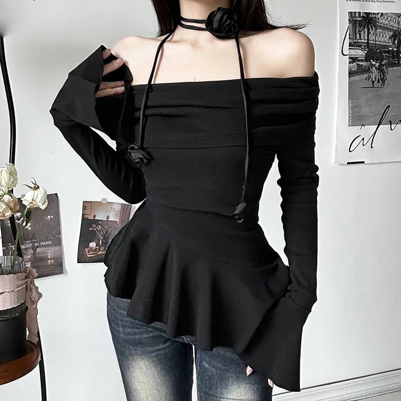 Girlary fall outfits aesthetic Autumn and Winter New Women's Street Fashion Solid Color off-Shoulder Long Sleeve T-shirt