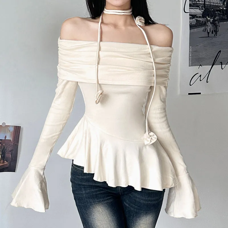 Girlary fall outfits aesthetic Autumn and Winter New Women's Street Fashion Solid Color off-Shoulder Long Sleeve T-shirt