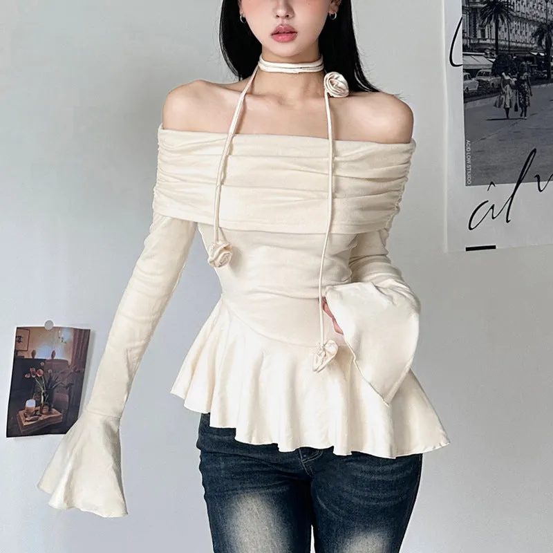 Girlary fall outfits aesthetic Autumn and Winter New Women's Street Fashion Solid Color off-Shoulder Long Sleeve T-shirt