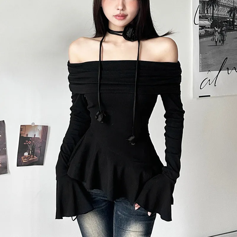 Girlary fall outfits aesthetic Autumn and Winter New Women's Street Fashion Solid Color off-Shoulder Long Sleeve T-shirt