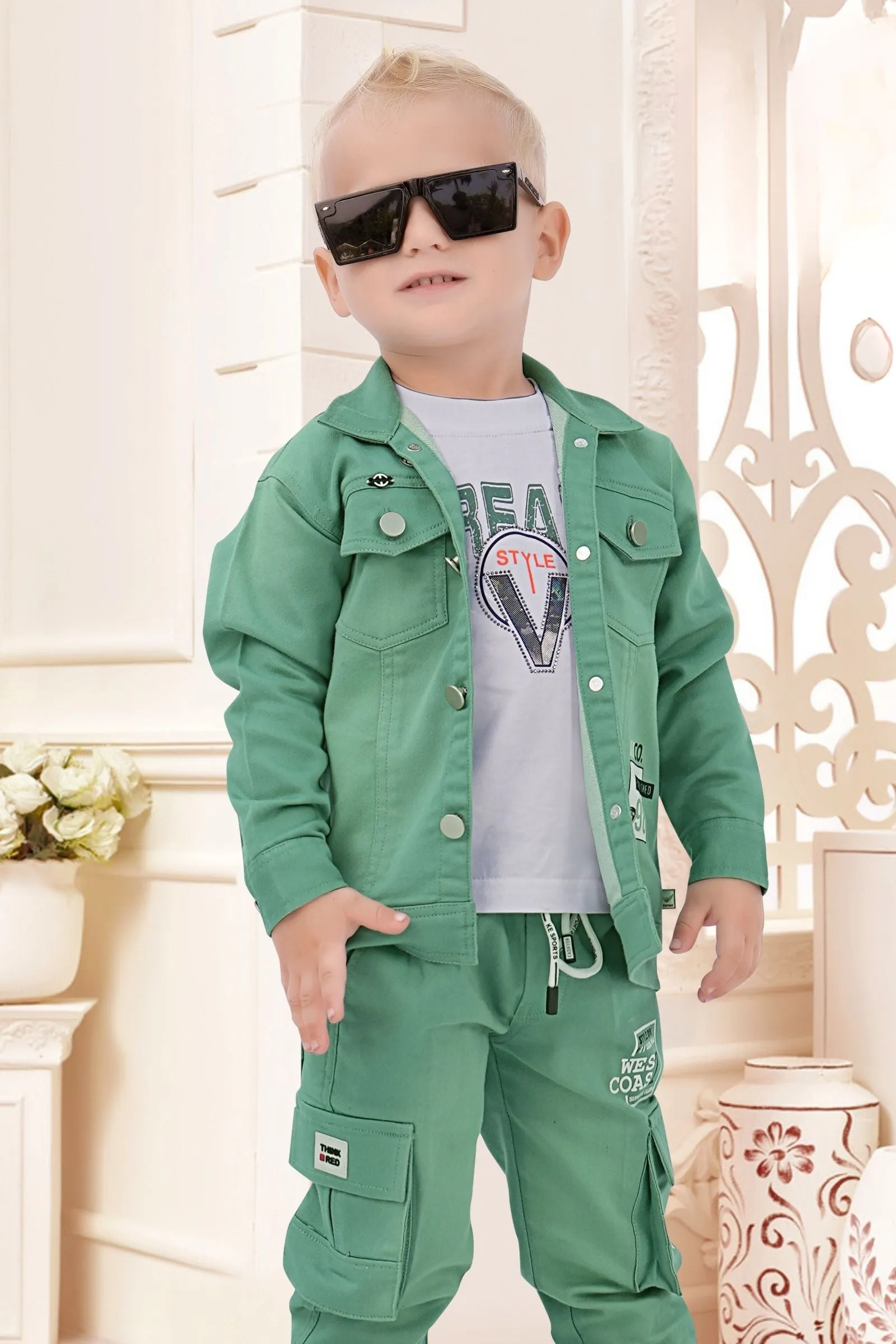 Green with White Printed Waist Coat and Joggers Set for Boys