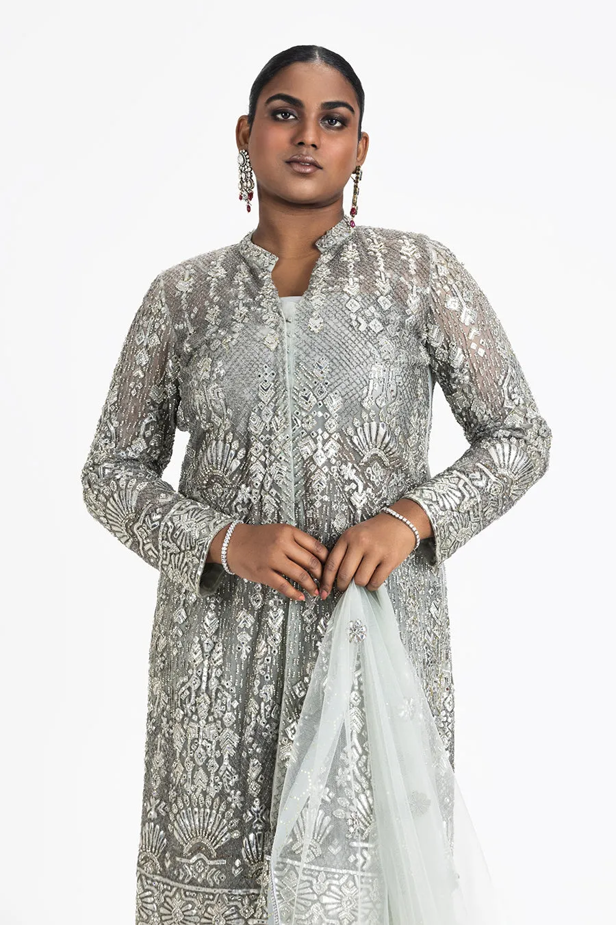 GREY NET JACKET AND DUPATTA WITH BUSTIER AND TROUSER