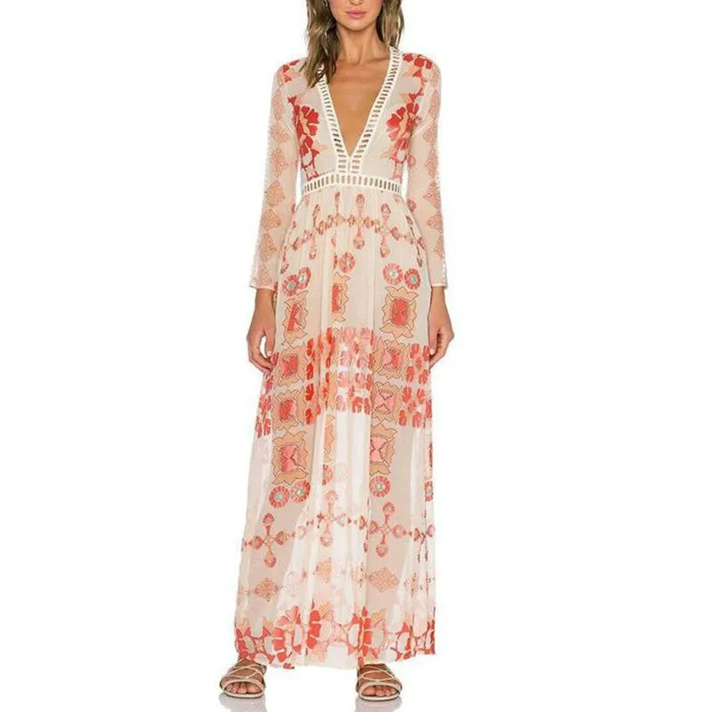 Hippie Gypsy Deep Plunging Hipster Chiffon Long Sleeve Floral Long Beach Dress