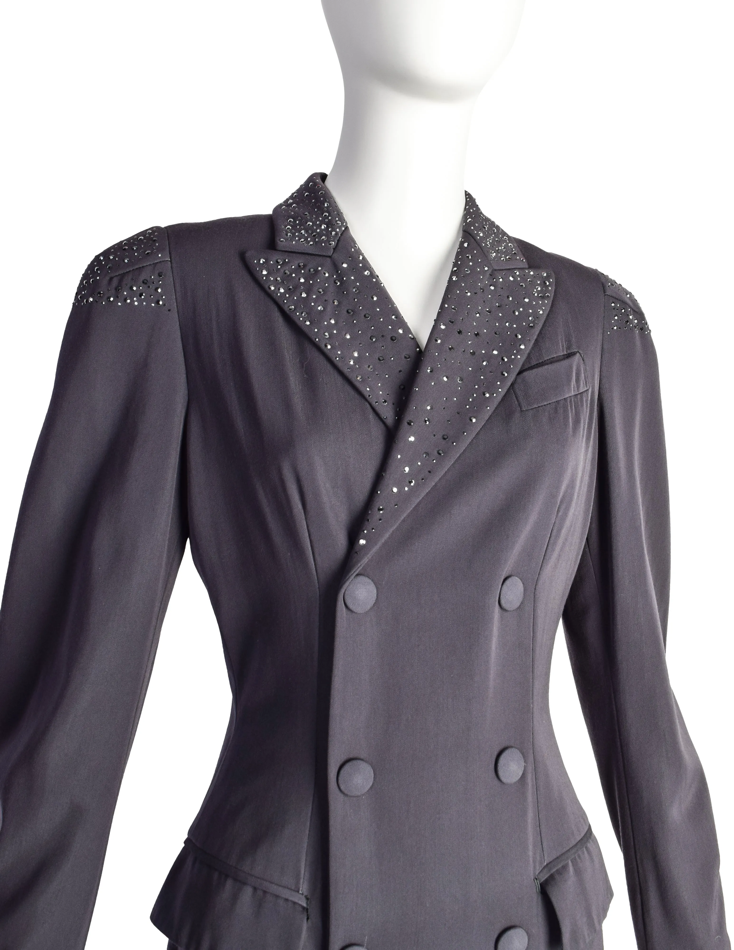 Jean Paul Gaultier Vintage AW1995 Cyber Collection Charcoal Grey Rhinestone Embellished Coat with Train