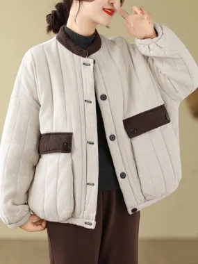 Long Sleeves Loose Buttoned Pockets Quilted Split-Joint Round-Neck Padded Coat