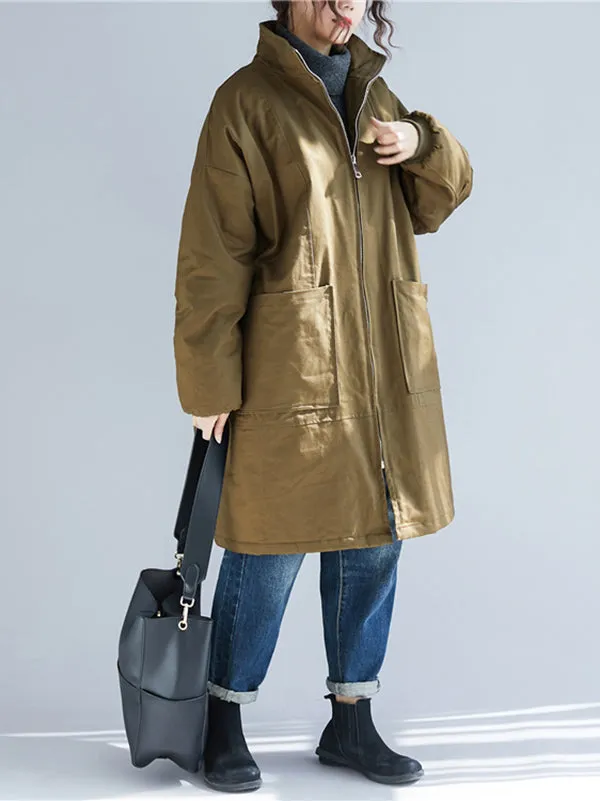 Long Sleeves Loose Quilted Zipper High Neck Coats Padded Coat