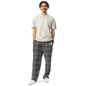 Men's Recycled Polyester Wide-Leg Joggers with Black and White Bird Pattern