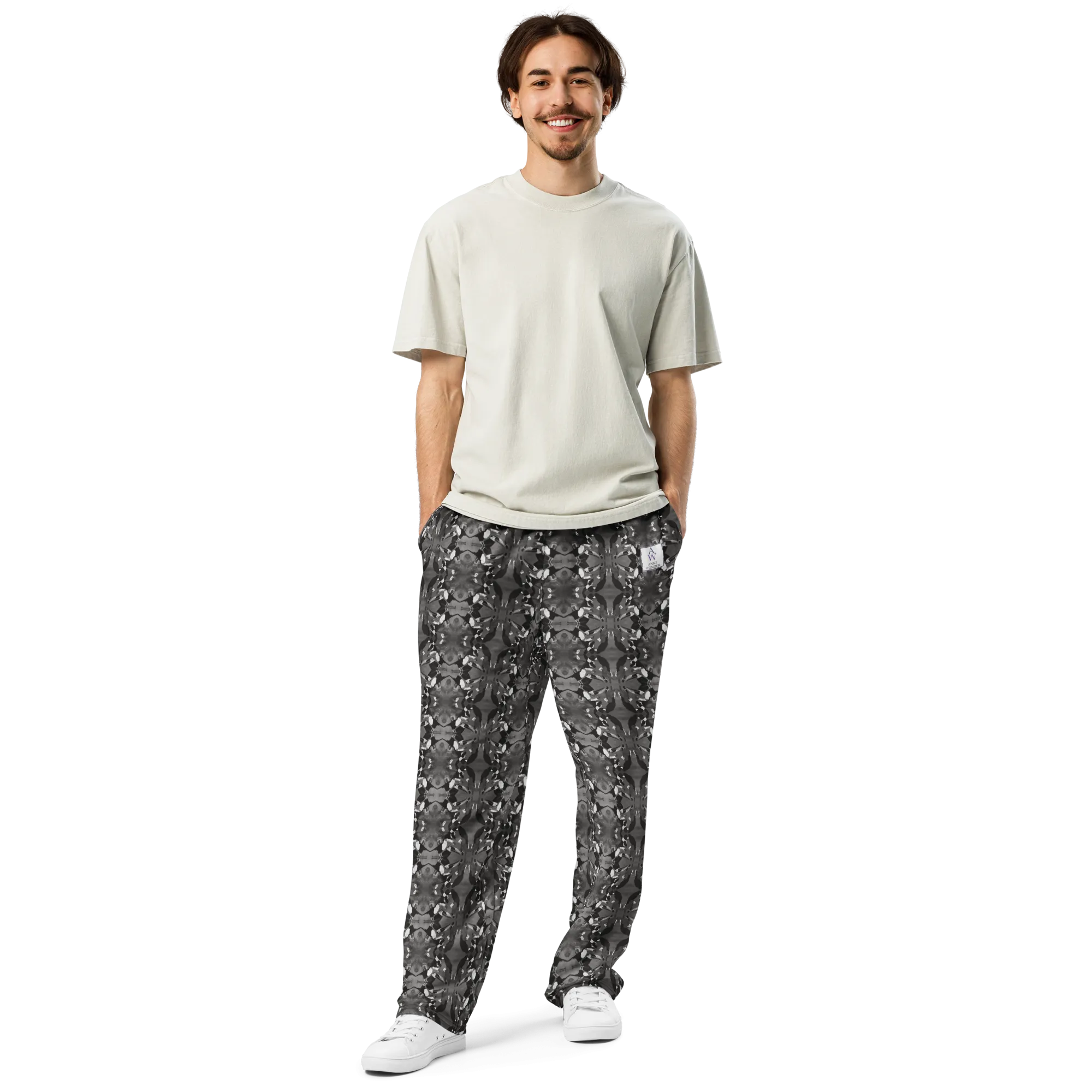 Men's Recycled Polyester Wide-Leg Joggers with Black and White Bird Pattern